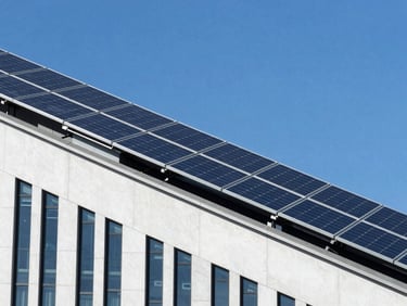 Commercial office building featuring a sleek solar installation, sharp focus, 35mm lens.