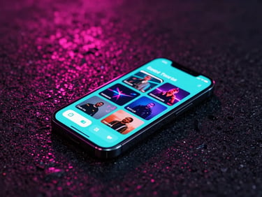 Wide panoramic shot of a sleek smartphone showing a high-fidelity hookup app grid with bright cyan accents, lying on a dark wet asphalt surface reflecting pink neon club lights, 35mm