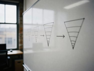 Close-up of a physical strategy whiteboard in a London warehouse office, hand-drawn funnel diagrams, natural overcast window light, high contrast desaturated tones, 35mm film.