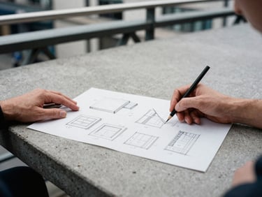 Tight candid crop of hands sketching brand layouts on a textured concrete table, architectural steel details of East London in the blurred background, 35mm film.