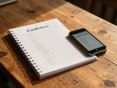 A printed binder and a smartphone displaying a checklist on a warm wooden stable table, golden-hour light