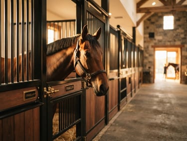 Warm golden-hour light illuminating a clean, modern barn hallway with a horse looking out of a stall, shallow depth of field, 35mm