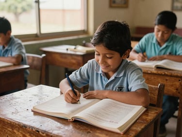 Mexican child (6-8 years old) happily studying at a wooden desk with textbooks, natural daylight coming from a window, warm and encouraging atmosphere.