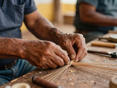 Close-up of a Mexican worker's hands (male or female) skillfully crafting a traditional item in a community workshop, tools visible, warm light, focus on the craft.