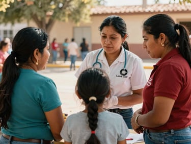 Authentic Mexican family (parents and child) interacting with a friendly nurse during a community health fair, warm natural light, focus on caring interaction.