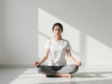 A person meditating in a sunlit room, quiet focus, clean modern composition, crisp editorial photography, bright morning daylight, high-contrast natural tones, clean modern composition, 35mm lens