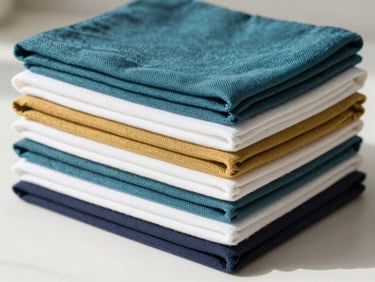 Stack of neatly folded kitchen tea towels in muted gold and teal, visible texture, bright natural daylight, clean white backdrop.
