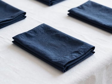 Styled table setting with crisp navy table linen and folded napkins, showing fine weave, bright natural daylight.