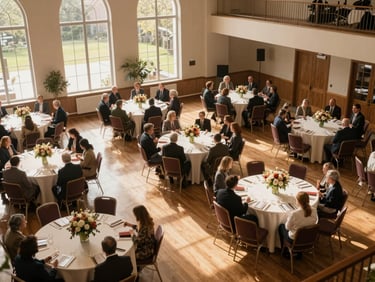 Overhead shot of a community hall setup with round tables and floral centerpieces, warm afternoon light through tall windows, chairs filling with attendees