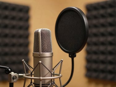 Close-up of professional podcast recording equipment—dynamic microphone, pop filter, and acoustic foam panel—warm amber studio light, shallow depth of field, intimate production feel