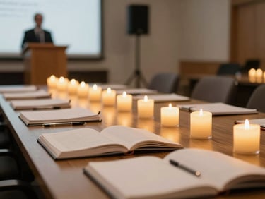 Close-up of a candlelit conference table with open notebooks and a speaker's podium in the background, warm golden light, intimate ministry setting