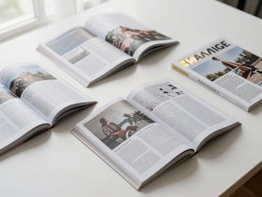 Overhead flat-lay of open magazine pages and press clippings on a clean white surface, natural diffused window light, gold accent details on one magazine cover, editorial stillness and credibility