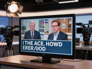 Close editorial still of a television news studio monitor showing a broadcast segment title card, warm studio light, blurred camera equipment in background, credible broadcast environment