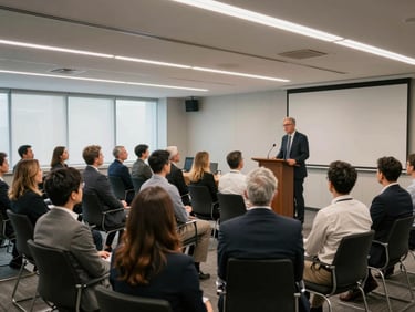 Wide shot of a corporate conference room, rows of engaged professionals listening to a speaker at a podium, soft overhead lighting, diverse audience