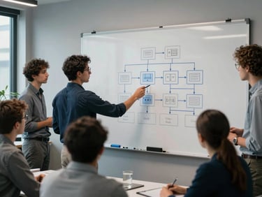 Collaborative whiteboard session with a diverse enterprise team mapping out database architecture and server nodes under cool office lighting.