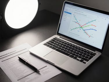Overhead close-up of a strategy workspace, an open laptop displaying a clean analytics dashboard with aviation route data, a printed campaign brief beside it, a fine-tipped pen resting on the document, soft studio strobe lighting from the upper left, dark desk surface, no people visible, precise and professional framing