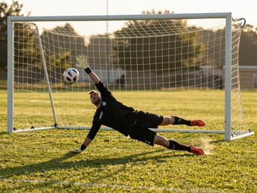 Goalkeeper in full dive at goal line, gloved hands making contact with ball at the post, goal netting close behind, field-level framing, golden-hour light raking across the grass