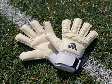 Goalkeeper gloves laid flat on a goal-line, worn leather detail visible, natural field light raking across the surface from the left