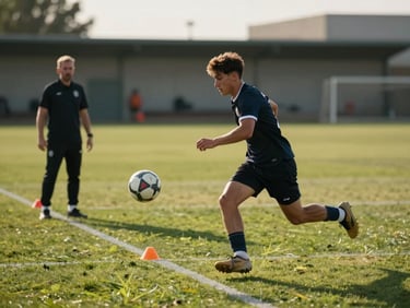 Player in mid-stride receiving a through ball, coach visible in background gesturing with one hand, training cones marking the channel, natural field light late afternoon