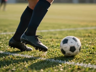 Close-up of a player's boot striking a ball mid-pass on a grass training pitch, field markings visible, golden-hour side-light, motion blur on ball