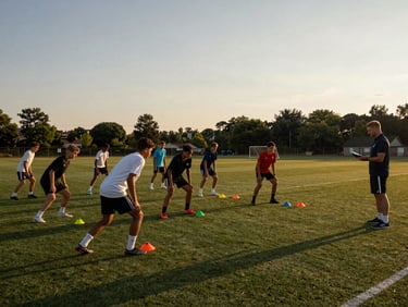 Wide training ground view, group of young players in formation doing cone drills at dusk, coach standing at edge with clipboard, field lit by ambient golden light