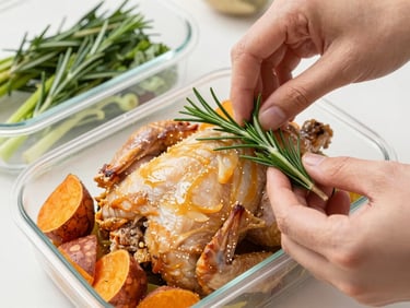 Close-up 45-degree shot of hands placing fresh rosemary on top of a perfectly prepped chicken and sweet potato meal prep container, bright editorial food photography.
