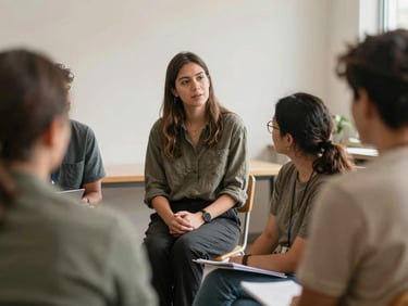 Portrait of a community organizer leading a group brainstorming session, natural diffused daylight, muted earth tones, documentary style, 35mm lens, shallow depth of field.