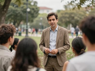 Portrait of a civic leader engaging with community members in a park, natural diffused daylight, muted earth tones, documentary style, 35mm lens, shallow depth of field.
