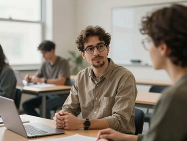 Portrait of an ethics researcher facilitating a discussion in a bright, modern workshop space, natural diffused daylight, muted earth tones, documentary style, 35mm lens, shallow depth of field.