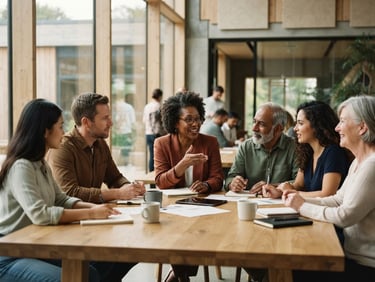 Wide shot of diverse community leaders collaborating around a large table in a modern, naturally lit civic building, focus on genuine interaction, muted earth tones, 35mm lens, shallow depth of field.