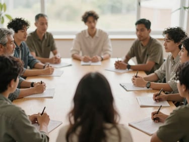 Community members participating in a roundtable discussion, natural diffused daylight, warm editorial photography, 35mm lens, shallow depth of field