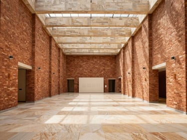 Spacious modern exhibition hall with high ceilings, warm brick walls, natural light pouring in