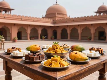 A vibrant display of traditional Bengali sweets and mango dishes on a wooden table, bright outdoor lighting