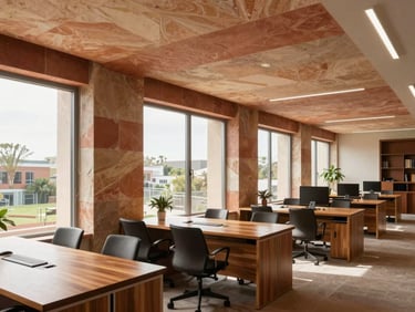 Bright contemporary office interior with large windows, warm wooden desks, professional setting