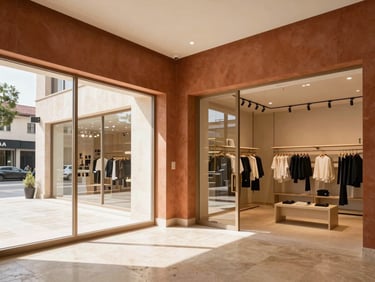 Bright modern retail shop interior with terracotta accents, clean glass windows, natural daylight