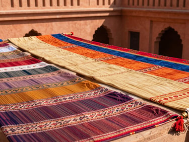 Close-up of colorful Bengal handloom textiles drying in warm natural sunlight, rich threads and textures