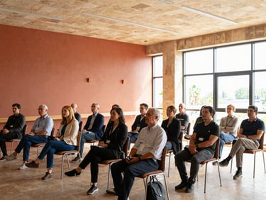 Medium shot of local citizens seated in a bright, modern seminar room, natural daylight, attentive atmosphere