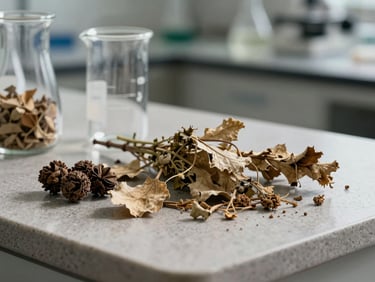 A crisp macro shot of dry raw botanicals next to clean modern laboratory glassware on a stone counter, soft side lighting, high contrast.