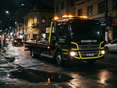 Low-angle dramatic night shot of a modern black and yellow flatbed tow truck with hazard lights flashing, parked on a wet urban street in Belo Horizonte, cinematic lighting, 35mm lens