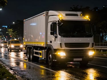 Caminhão guincho moderno com luzes de alerta amarelas piscando em uma rodovia movimentada à noite, reflexos de faróis na pista molhada, estilo cinematográfico.