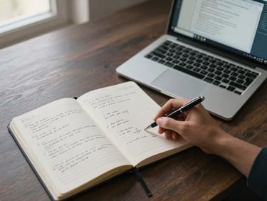 Wide overhead shot of a desk with an open notebook, a pen mid-sentence on a handwritten analysis outline, and a laptop showing a Power Query transformation panel, soft natural daylight from the upper left