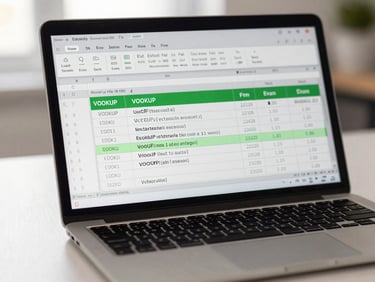 Close-up of a laptop screen showing an Excel formula bar with a VLOOKUP expression highlighted in green, shallow depth of field, soft studio daylight, clean desk surface