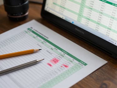 Close-up overhead of a desk with a printed reconciliation sheet, pencil markings, and a screen showing matching Excel columns in green and red, soft natural light