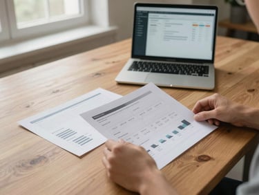 Medium shot of hands arranging printed chart outputs on a wide wooden desk under soft window light, a laptop open in the background showing a dashboard in progress, organized and calm atmosphere