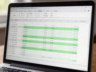 Overhead close-up of a laptop screen showing a clean Excel budgeting spreadsheet with row categories and green-highlighted totals, natural daylight from the left