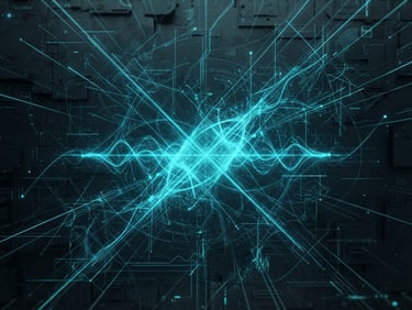 Abstract quantum field visualization with sharp cyan data lines, deep slate background, cold terminal glow, no human elements.