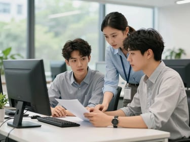 Student collaborating with a mentor in a modern office, natural daylight.