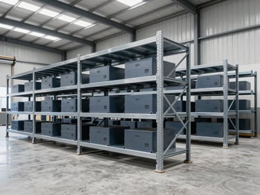 Wide panoramic shot of a modern industrial warehouse interior, bright neutral daylight, organized steel shelving with components, clean concrete floor