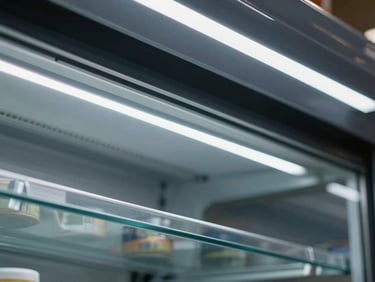 Macro close-up of crisp LED case lighting illuminating glass shelves inside a modern commercial supermarket display cabinet, cool blue reflections