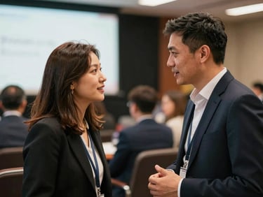 Candid moment of two business professionals talking at a lively conference, blurred background, warm ambient light, natural expressions, 35mm